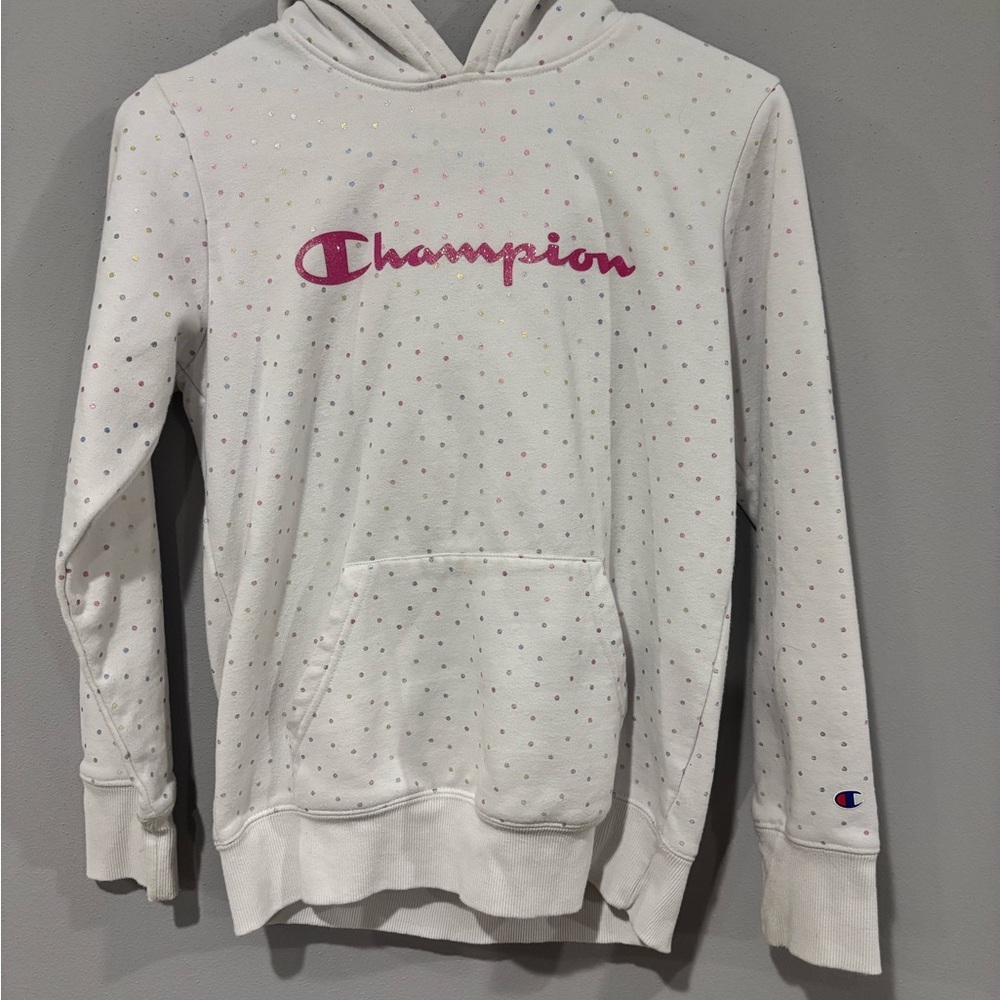 Champion White Hoodie with Colorful Dots
